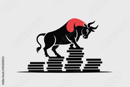 Strong Bull Standing on Stacked Coins with Red Muscle Icon, Market Strength Concept