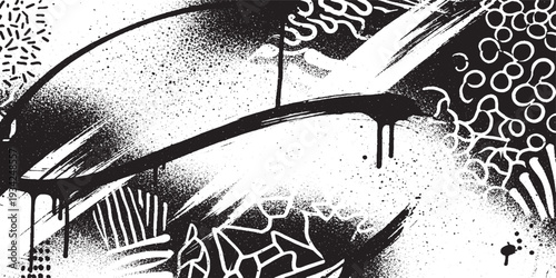 Dynamic black and white abstract background with paint drips, brush strokes, and organic textures