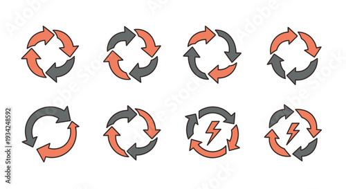 Circular Arrows Icon Set with Energy Lightning Bolt Symbols for Refresh and Cycle Concepts