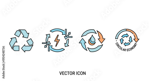 Circular Economy Icons Set: Recycling, Renewable Energy, and Water Conservation Symbols