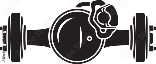 Detailed black and white vector icon of a vehicle rear axle assembly with differential and brake disc.