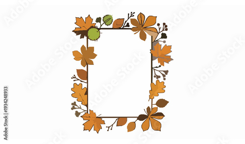 Ethnic Autumn Floral Poster Banner with Oak Maple Linden Leaves and Decorative Branch Border