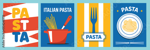 Four colorful flat design pasta banners with utensils and text on blue background