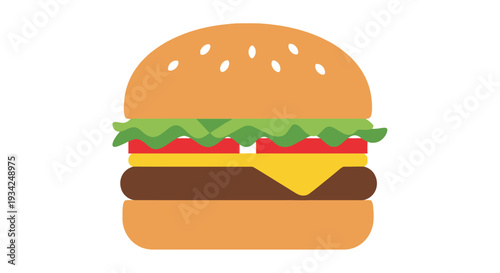 A colorful flat design illustration of a classic cheeseburger with sesame seeds