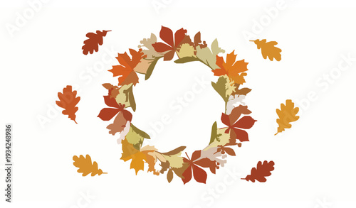 Autumn Exotic Leaves Vector Collection with Ethnic Floral Wreath Border and Falling Oak Maple Background