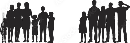 Black silhouette family group illustrations of extended families holding hands with children parents and grandparents vector outlines for unity love and togetherness design