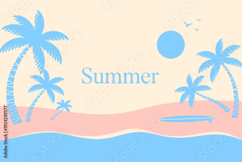 Summer vacation beach scene with palm trees and surfboard on sandy shore by ocean