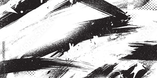 Dynamic Black and White Grunge Background with Broad Sweeping Brush Strokes, Spray Paint Effect, and Halftone Texture