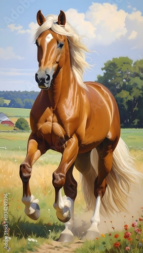 A majestic brown horse with a flowing blonde mane, galloping in a field