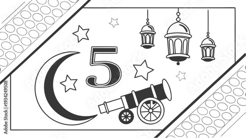 Ramadan poster concept with crescent moon, lanterns, and cannon illustration on a decorated greeting card template for Islamic celebration