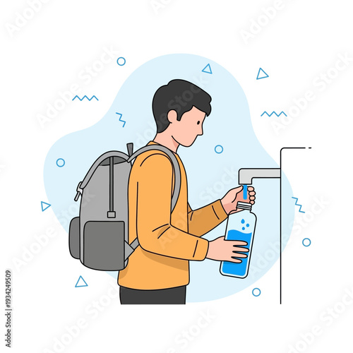 Young man with backpack filling reusable water bottle from tap symbolizing sustainability and zero waste lifestyle in flat vector illustration