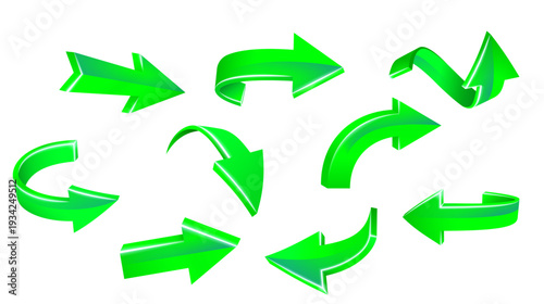 光沢感のあるグリーン3Dカーブ矢印アイコン9種セット｜方向指示・循環・リロード表現に使える立体アローマークベクターイラスト素材