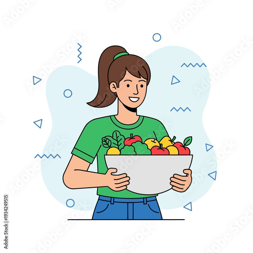 Smiling woman joyfully holds a generous bowl of fresh, colorful fruits and organic vegetables, embodying a healthy and balanced diet for well-being