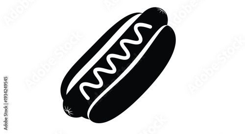 Simple black and white illustration of a hot dog with visible wavy mustard lines