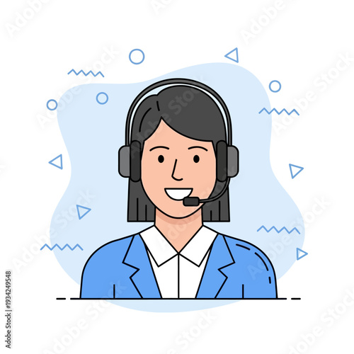 Smiling female customer service representative wearing headset in flat vector style for professional call center and online support