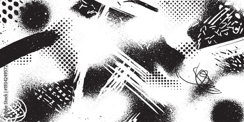 Chaotic Black and White Grunge Background with Intense Spray Paint Splatters, Brush Strokes, and Halftone Dot Textures