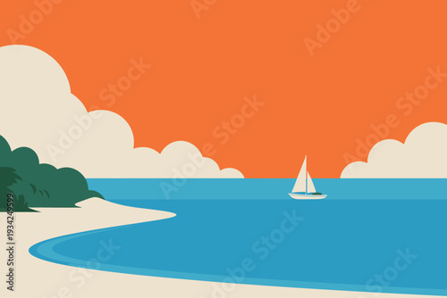 Sailboat on calm ocean water near sandy beach and trees at sunset  serene landscape