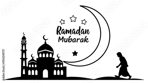 Ramadan Mubarak celebration illustration with mosque, crescent moon, stars, and walking figure in a serene nighttime landscape vector graphic