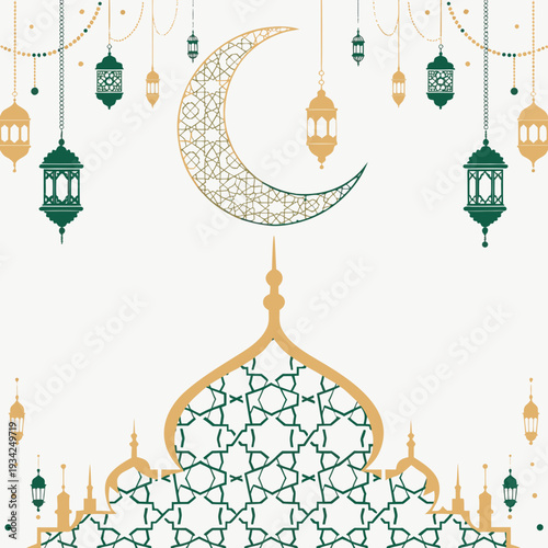 Elegant Ramadan Eid Background: Crescent Moon, Lanterns, Mosque Silhouette, Islamic Pattern