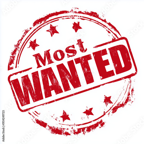 „Most Wanted“-Stempelgrafik in Rot auf weißem Hintergrund. Markantes Typografie-Motiv für Themen wie Fahndung, Bestseller, Top-Produkt oder Marketing-Kampagne.