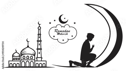 A person kneeling in prayer beside a mosque and a crescent moon outline with Ramadan Mubarak typography