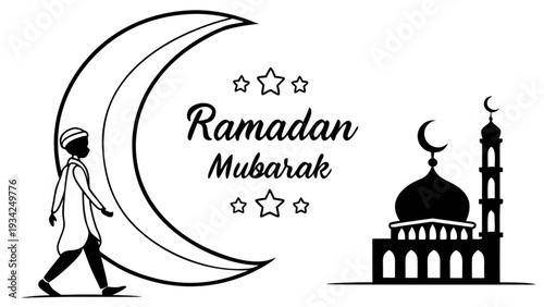 Celebrating Ramadan Mubarak with typography and crescent moon outline illustration near a mosque scene vector graphic design
