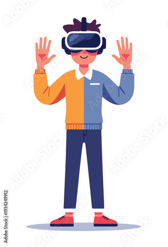 ragazzo con visore VR con vestiti multicolori, vettoriale