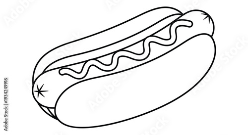 Simple black and white line drawing of a classic hot dog with mustard
