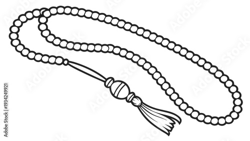 Tasbih beads illustrated in modern line art style, showcasing prayer beads with tassel, spirituality, and meditation symbols in a minimalist design