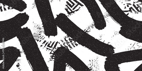 Bold Black and White Grunge Background with Thick Brush Strokes Over Stylized Geometric and Tribal Patterns
