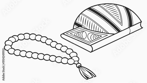 Prayer beads on a prayer mat illustration in modern line art style