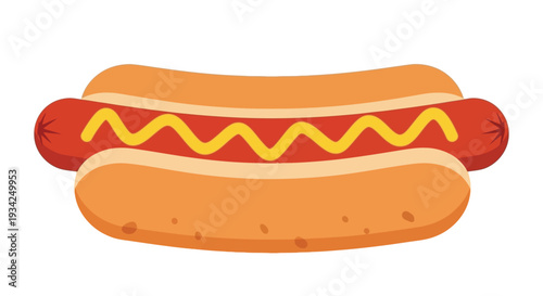 A colorful cartoon illustration of a hot dog with a vibrant red sausage