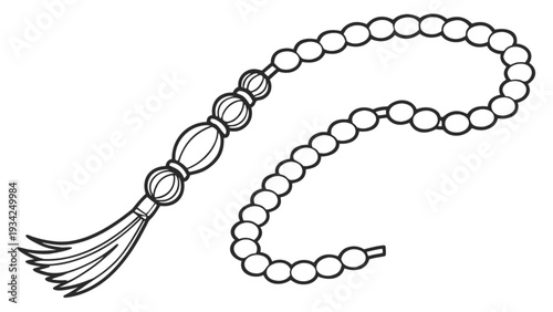 Tasbih beads in modern line art style, featuring prayer beads, spirituality, and meditation, used for counting prayers, with a simple, monochromatic design.