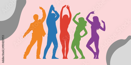 High-quality vibrant silhouettes of energetic people dancing and celebrating. This vector EPS file captures joyful movement and party vibes, perfect for event posters, music festivals, and entertainme