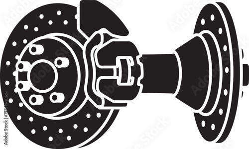 Car disc brake system icon with caliper and rotor silhouette vector for automotive repair and maintenance services.