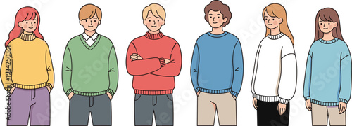 Diverse group of young people standing together in colorful casual sweaters representing community youth friendship teamwork and multicultural inclusion in illustration