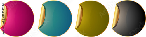 ゴールド縁取りの立体サークルバッジ4色セット｜カーブカット装飾入り高級感グラデーション円形ラベルベクターイラスト素材