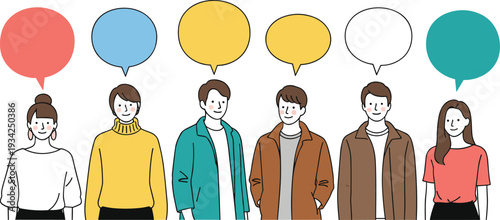 Diverse people with speech bubbles, group communication discussion concept flat vector illustration isolated on white background