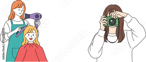Hair stylist drying girl hair and woman taking photo, beauty salon and photography hobby illustration