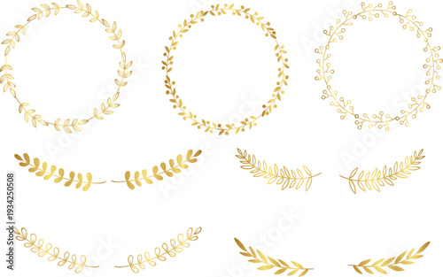 ゴールドの月桂樹リースと装飾リーフフレームセット　高級感あふれる円形ボタニカルデザインのエレガントな装飾素材集