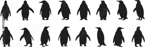 Black penguin silhouettes in diverse upright, walking, and turning poses, artistic vector illustration highlighting wildlife posture, movement