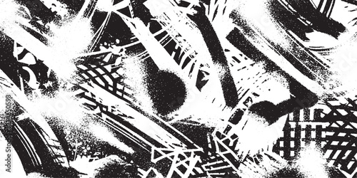 Complex Black and White Abstract Grunge Pattern. Layered Diagonal Lines, Spray Paint, and Geometric Textures for Dynamic Backgrounds and Modern Urban Designs.