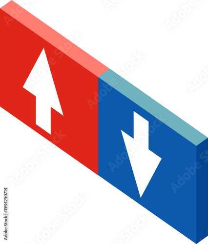 赤と青の立体ブロックで表現した上昇と下降の矢印コンセプトイラスト｜業績推移・株価変動・ビジネス成長とリスクを象徴する抽象デザイン素材