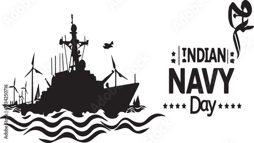 Vector illustration of Indian Navy Day with warship and wind turbines