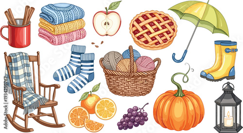 Cozy Autumn Hygge Collection with Pumpkin, Apple Pie, Knitted Socks, Rocking Chair and Warm Home Decor Vector Illustration Set