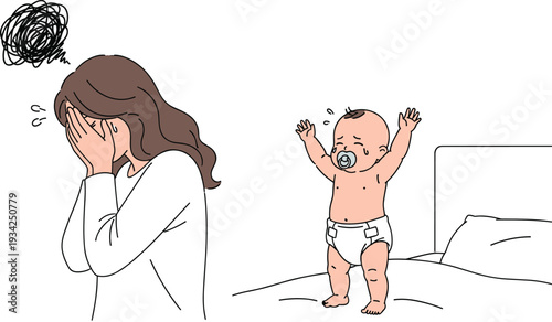 Stressed mother and crying baby illustration, postpartum depression parenting stress exhausted mom childcare problem vector concept