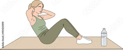 Woman doing sit ups on yoga mat, home workout fitness illustration, healthy lifestyle training, core exercise routine indoor activity
