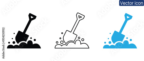 Three shovel icons in different colors digging into dirt piles