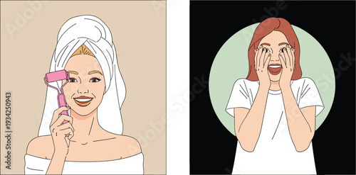 Woman using facial roller and skincare routine, beauty self care concept, facial massage therapy illustration, healthy glowing skin