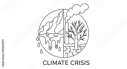 A black and white illustration depicting environmental concerns and a climate crisis